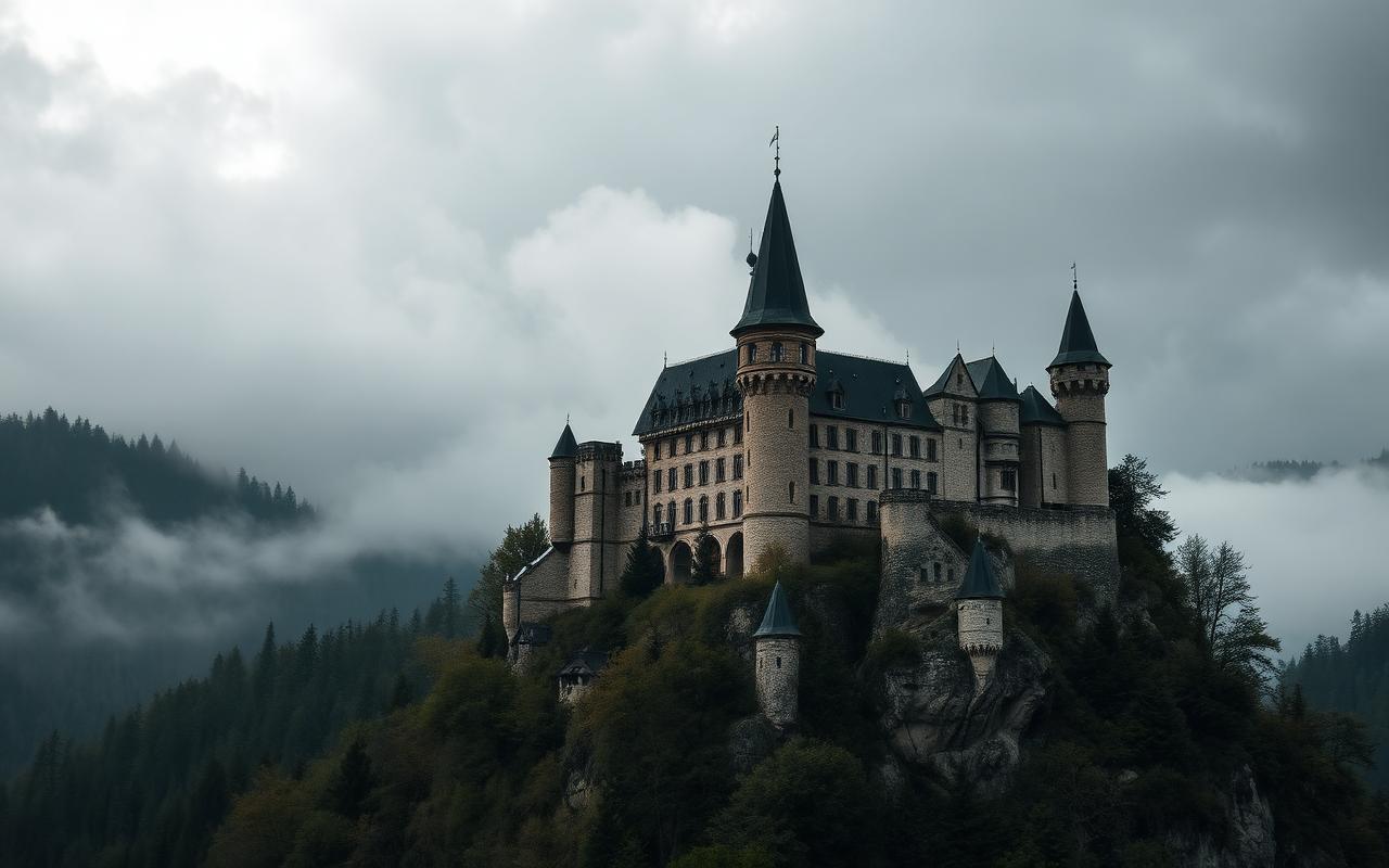 Castillo de Bran sobre el risco con niebla