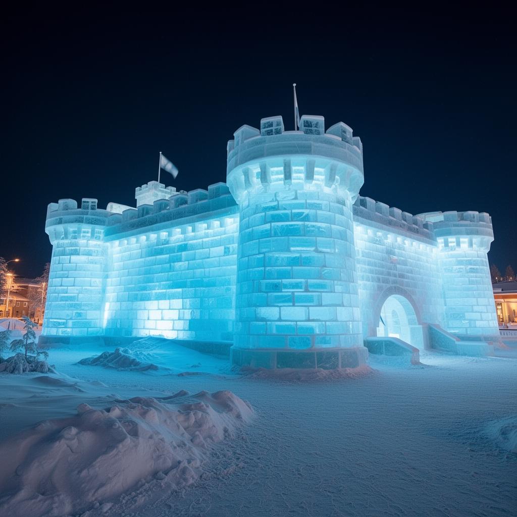Castillo de hielo iluminado de noche en Kemi