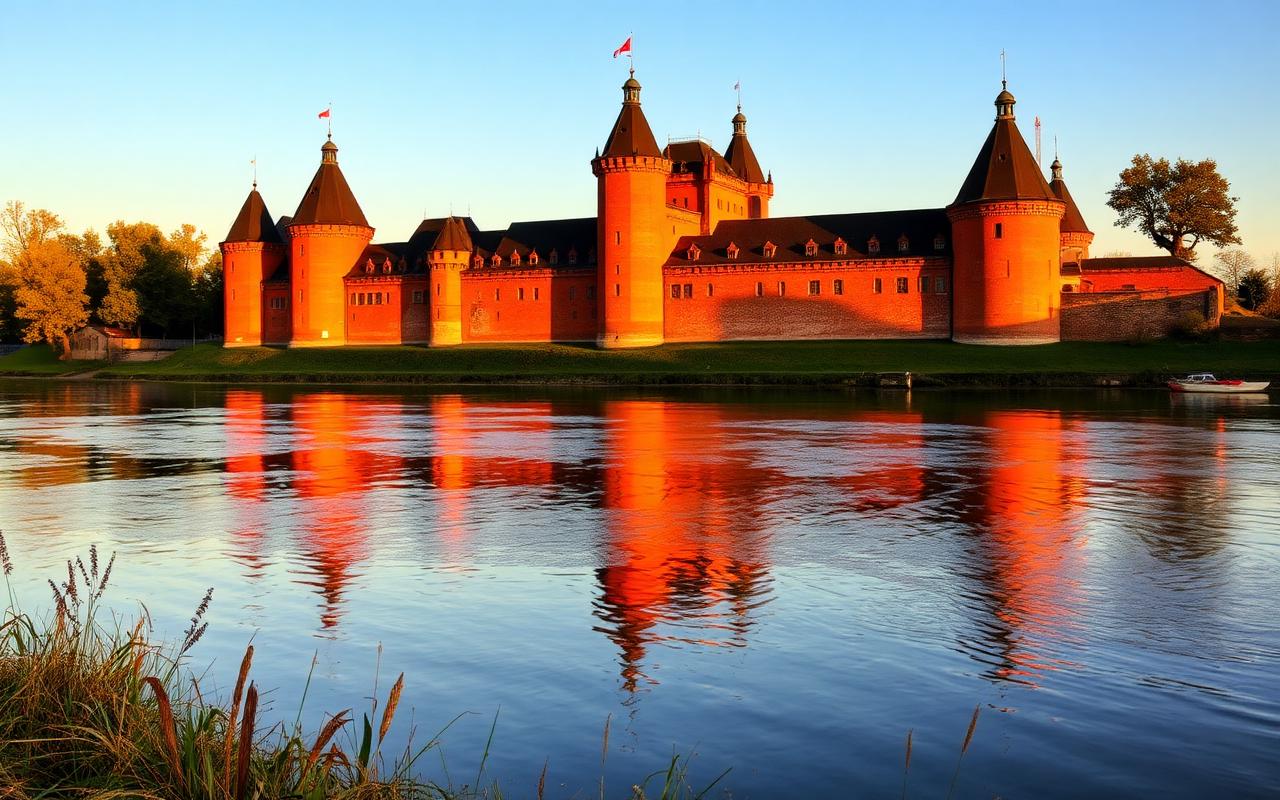 Castillo teutónico de Malbork reflejado en el río Nogat