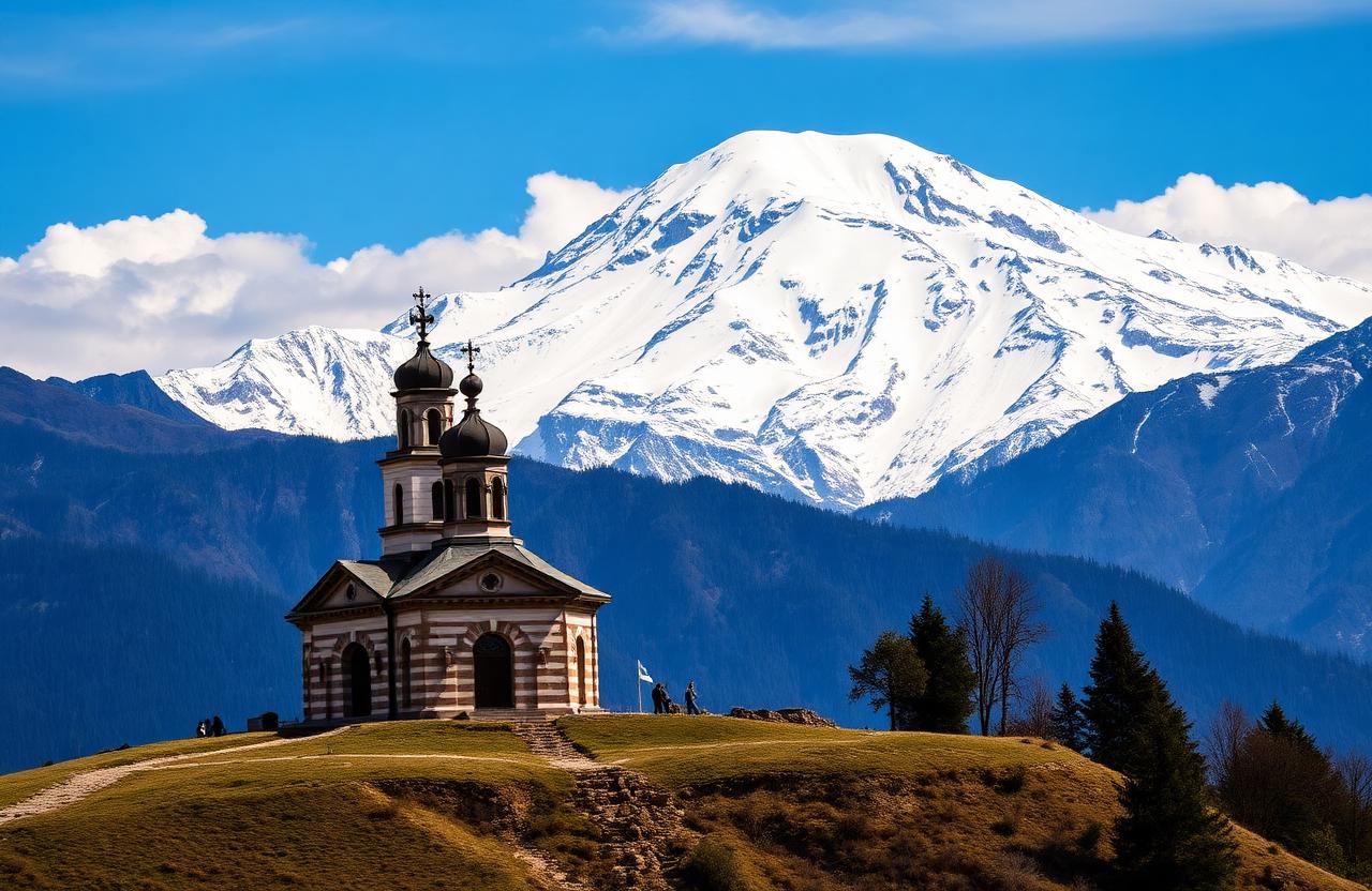 Iglesia de la Trinidad de Gergeti con el monte Kazbek nevado al fondo