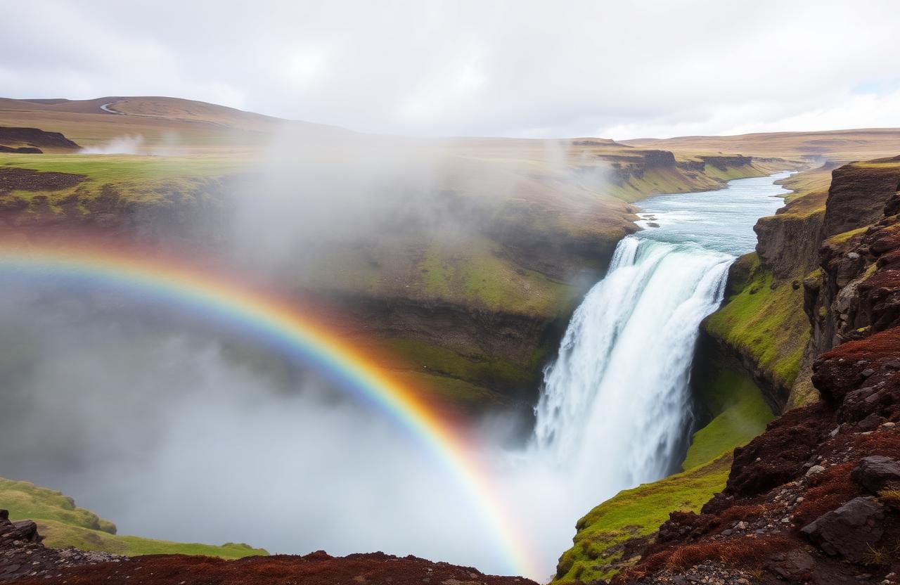 Cascada de Gullfoss, Islandia, con arcoíris sobre el cañón
