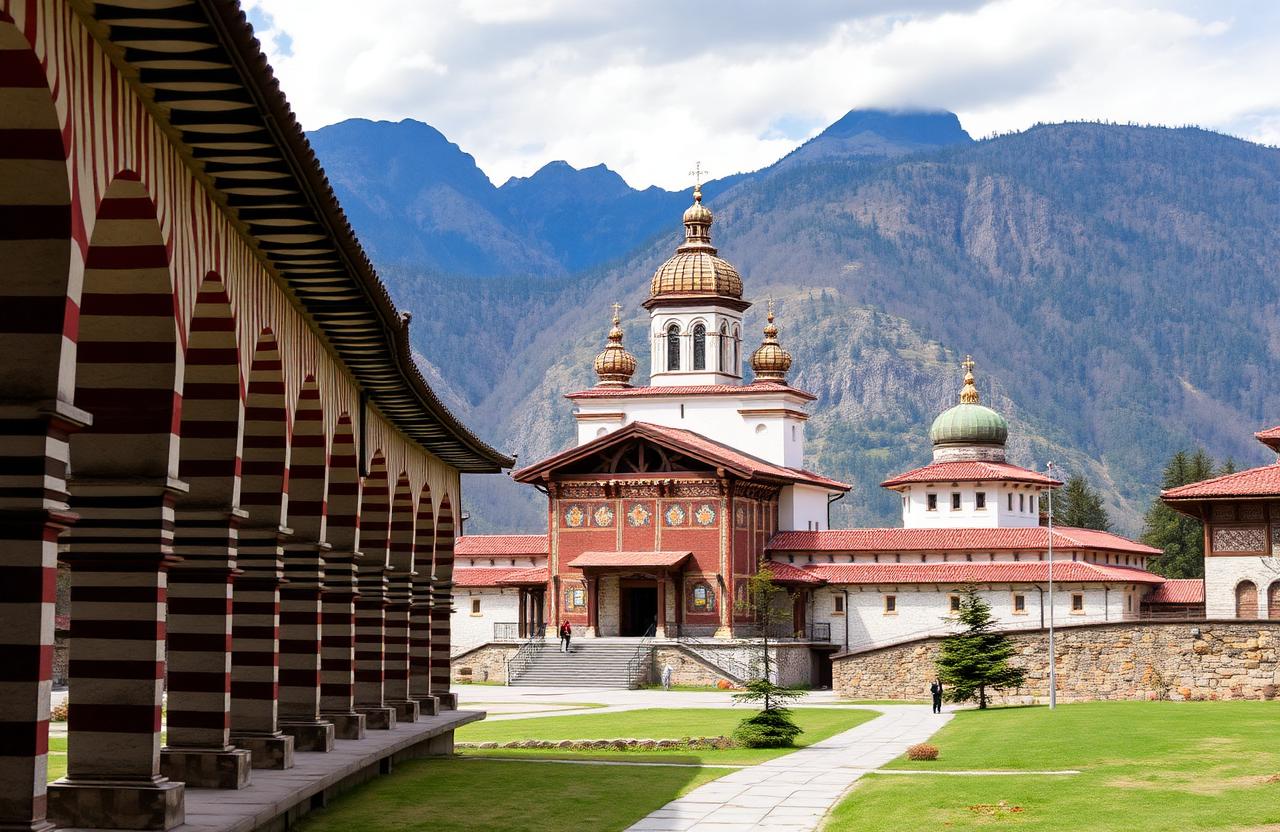 Monasterio de Rila con sus arcadas a rayas y montañas al fondo