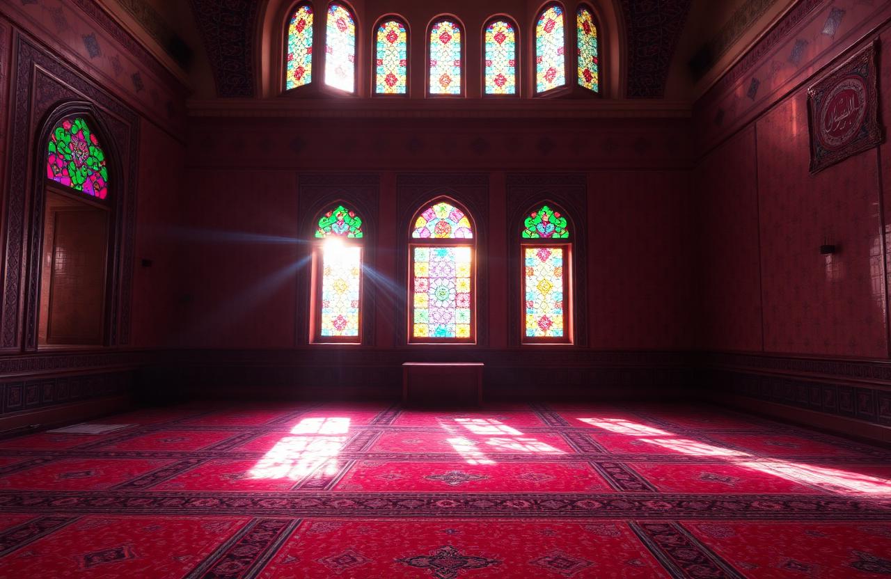 Interior de la Mezquita Nasir ol-Mulk en Shiraz con vitrales de colores y alfombras persas