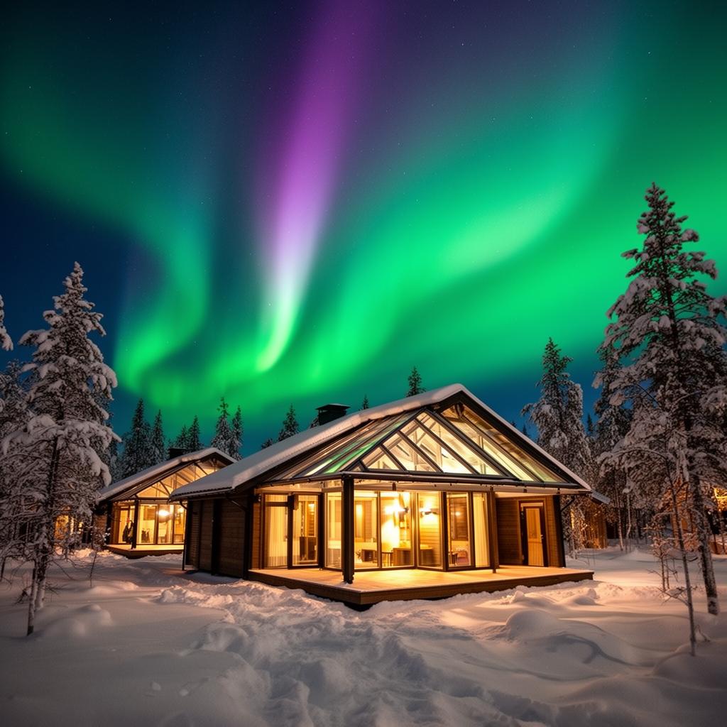 Cabañas Aurora con techo de cristal bajo aurora boreal
