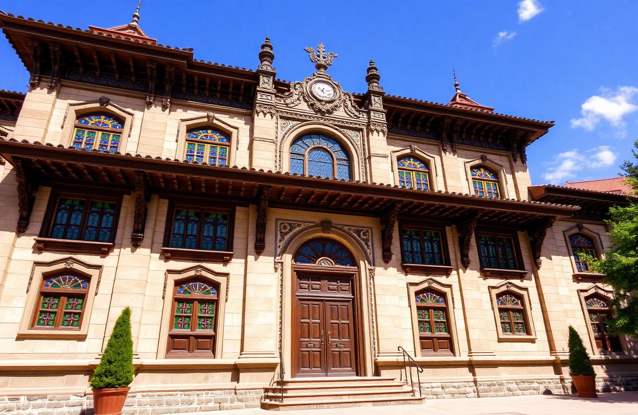 Fachada del Palacio de los Khanes de Sheki con vidrieras shebeke