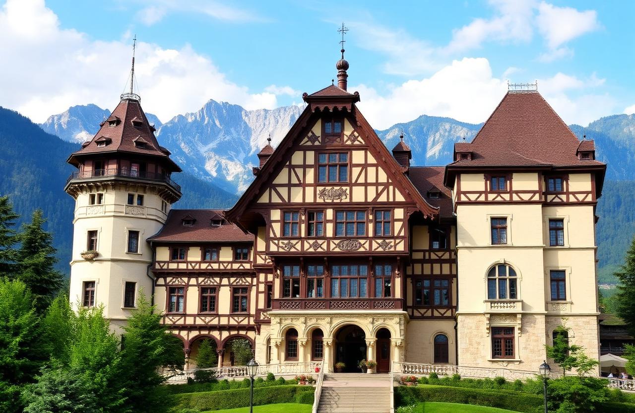 Castillo de Peles en Sinaia con los Cárpatos al fondo