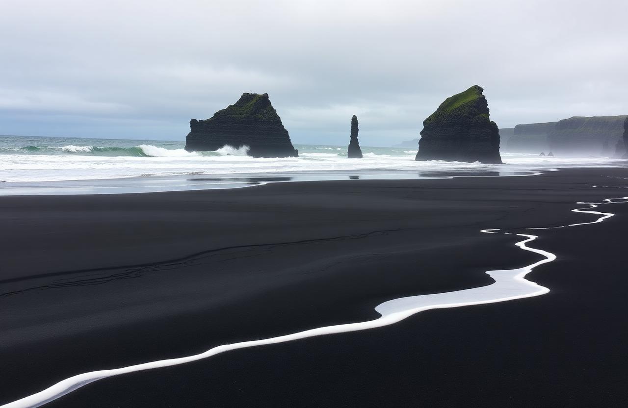 Playa de arena negra de Reynisfjara con sus columnas de basalto y los farallones de Reynisdrangar
